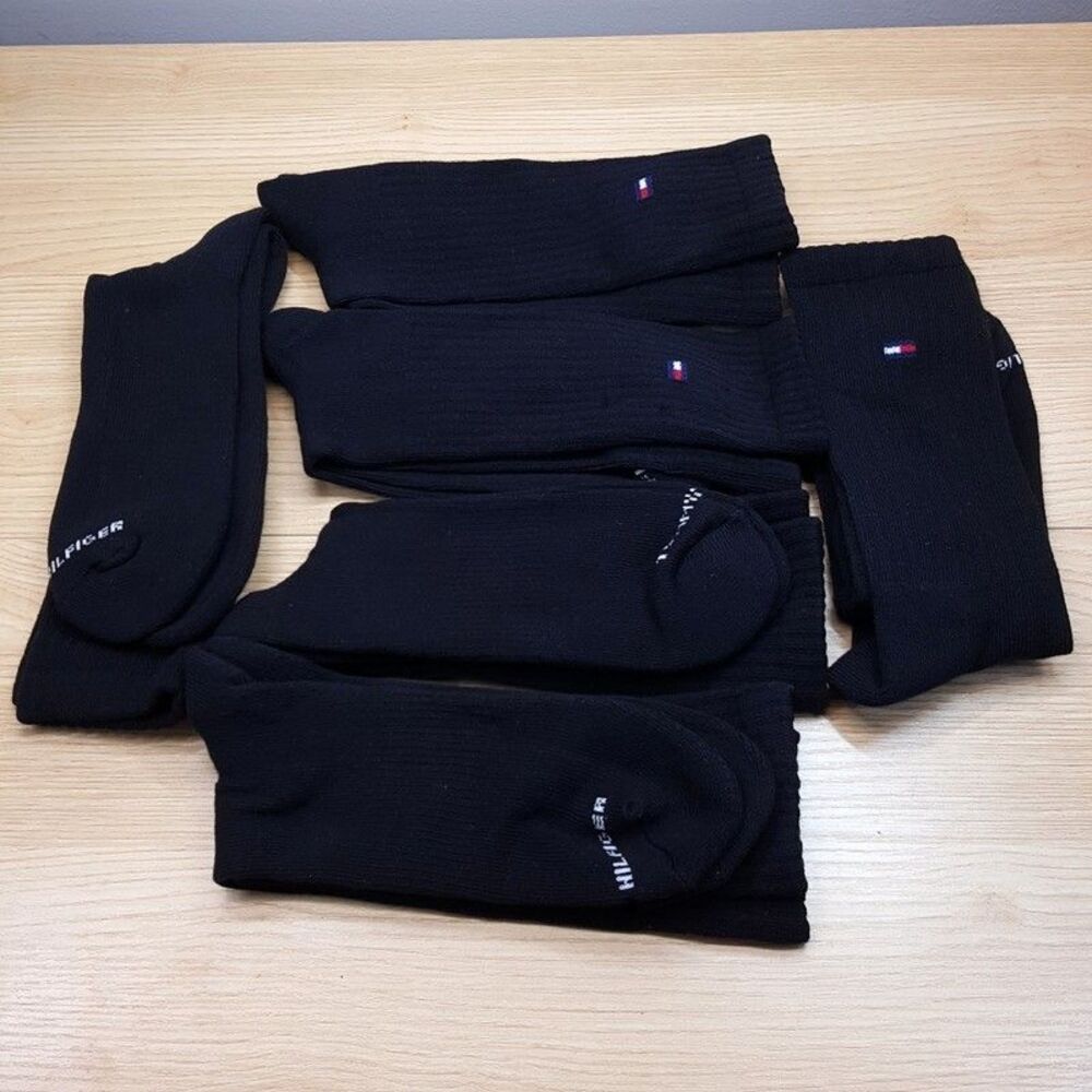 TOMMY HILFIGER Crew Socks Mens Black 6-Pack Cushioned Flag Logo